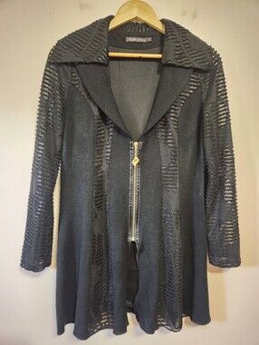 High Secret Black Sheer Shredded Knit Zip Up Duster Cardigan Artsy Goth Size S
